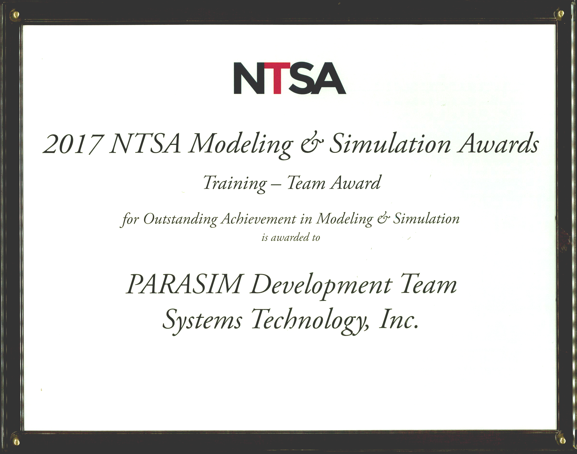 NTSA Modeling & Simulation Award